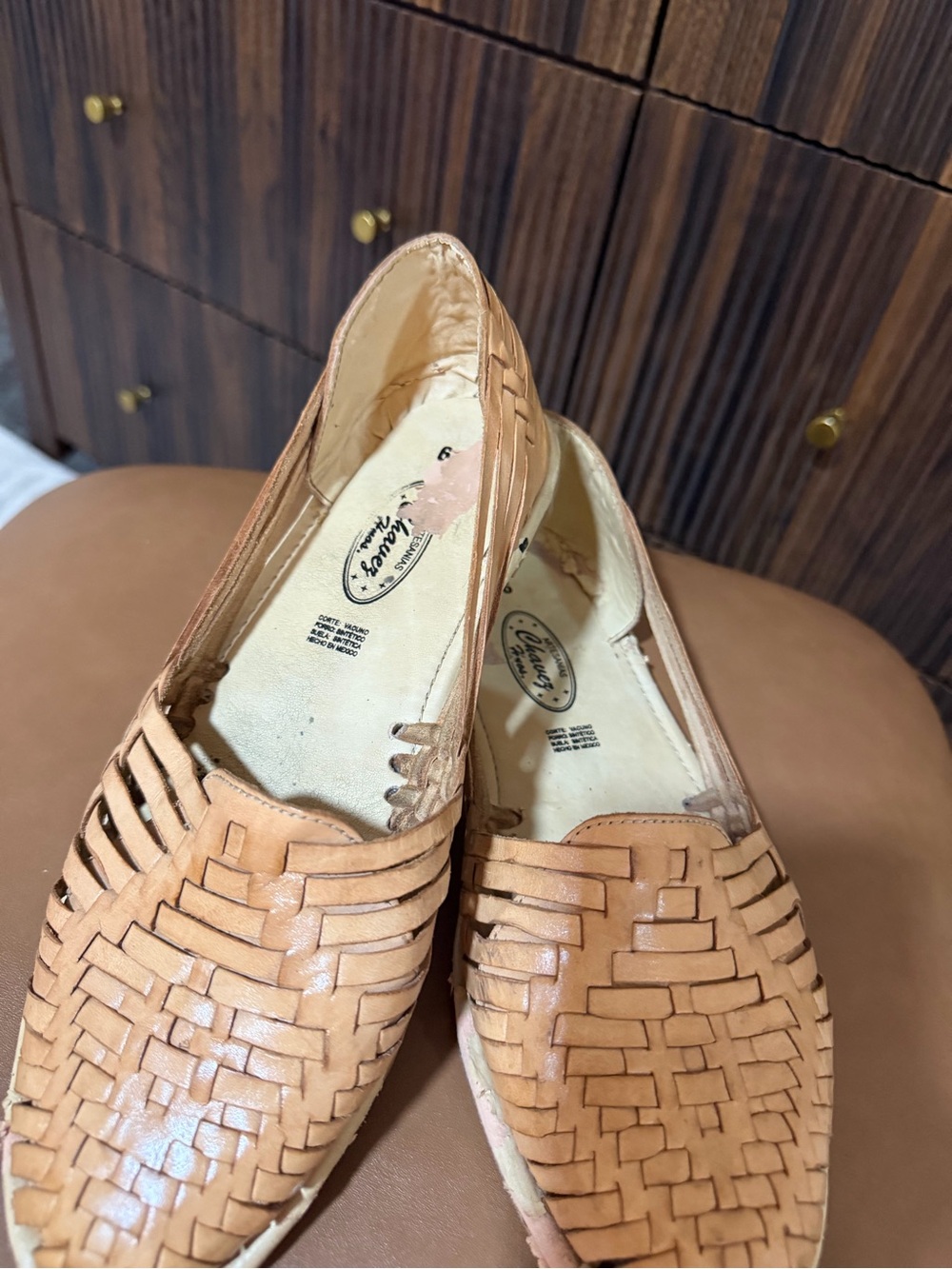 Woven Leather Moccasin Flats in Tan
